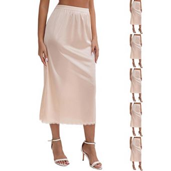 6 Packs Women's Satin Lace Trim Flared Hem Half Slip Relaxed Fit Lightweight Solid Maxi Petticoat