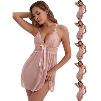 6 Packs Women's See Through Lace Mesh Deep-V Adjustable Spaghetti Above Knee Straps Full Slip