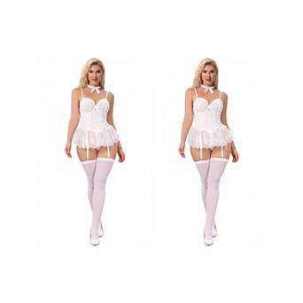 2 Packs Women Lace Lingerie Set Corset Underwire Bodysuit Ruffle Skirt with Garter Belt Thongs