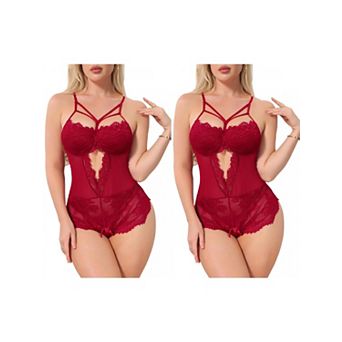 2 Packs Women Floral Lace Bodysuit Crisscross Cut Out Lingerie Wireless V Neck Nightgown