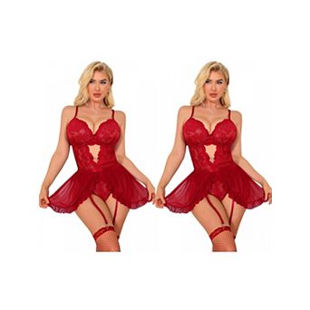 2 Packs Womens Lingerie Set Lace Underwire Push Up Hollow Out V Neck Bodysuit