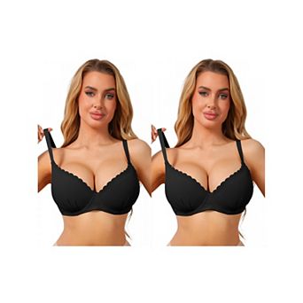 2 Packs Women's Deep V Lace Trim Push Up Bra Underwire Support Comfortable Everyday Lingerie