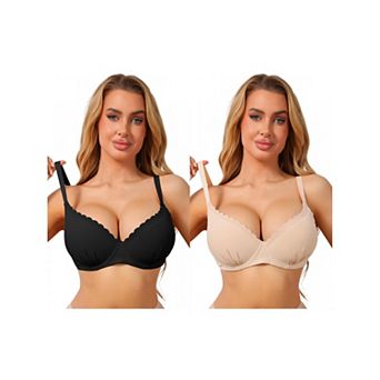 2 Packs Women's Deep V Lace Trim Push Up Bra Underwire Support Comfortable Everyday Lingerie