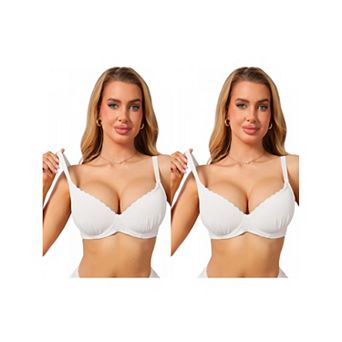 2 Packs Women's Deep V Lace Trim Push Up Bra Underwire Support Comfortable Everyday Lingerie