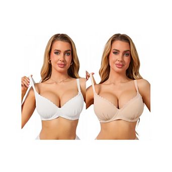 2 Packs Women's Deep V Lace Trim Push Up Bra Underwire Support Comfortable Everyday Lingerie
