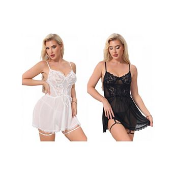 2 Packs Lace Lingerie for Women Mesh See Through Chemise Nightgown with Garter Belt