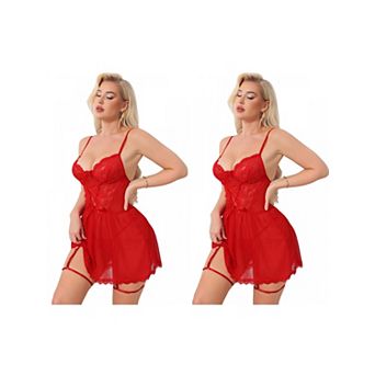 2 Packs Lace Lingerie for Women Mesh See Through Chemise Nightgown with Garter Belt