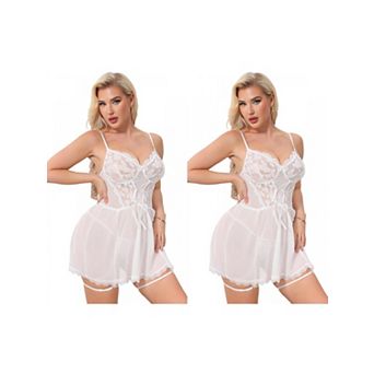2 Packs Lace Lingerie for Women Mesh See Through Chemise Nightgown with Garter Belt