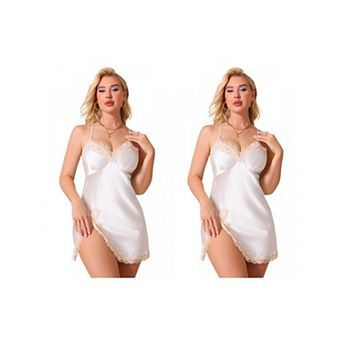 2 Packs Women's Lace Trim Ice Silk Lingerie Side Split Backless Chemise Mini Cami FullSlip Nightgown