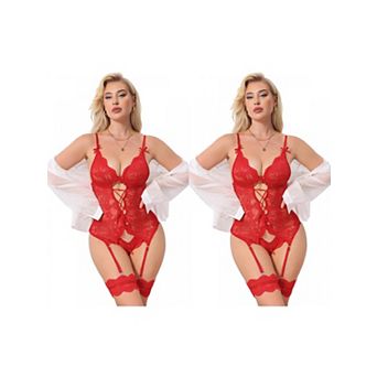 2 Packs Womens Lingerie Set with Garter Belt Floral Lace Sheer Bodysuit Panties Bustier No Stockings
