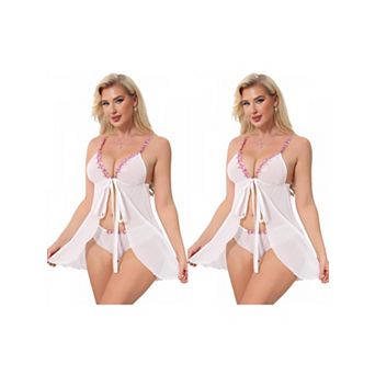 2 Packs Lace Lingerie Set for Women Plunge Nightdress Sheer Floral Mesh Wireless Sleepwear Tangas
