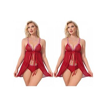 2 Packs Lace Lingerie Set for Women Plunge Nightdress Sheer Floral Mesh Wireless Sleepwear Tangas
