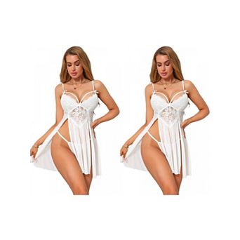 2 Packs Side Split Lingerie for Women Lace Mesh See Through Sleepwear V Neck Nightgown