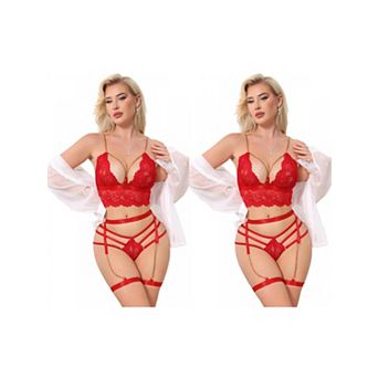 2 Packs Women's Lingerie Set Wireless Lace Plunge Bra and Panty with Garter Belts 3 pc