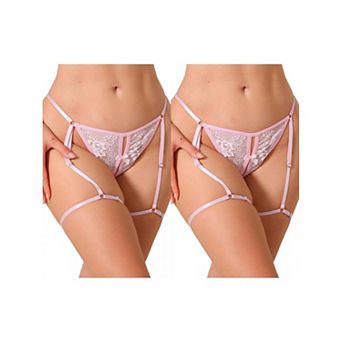 2 Packs Women's Floral Lace Garter Belt Panties Hollow Outs G-Strings Thongs