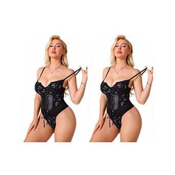 2 Packs Women's PU Leather Shapewear Bodysuit Underwire Plunge Corset Cami Tops Thong Bodyshaper