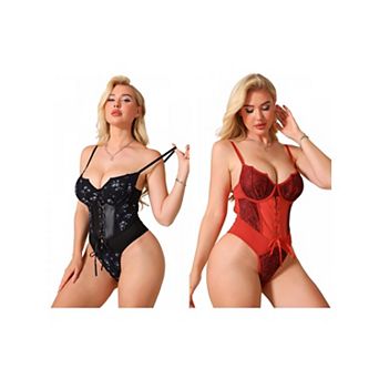 2 Packs Women's PU Leather Shapewear Bodysuit Underwire Plunge Corset Cami Tops Thong Bodyshaper