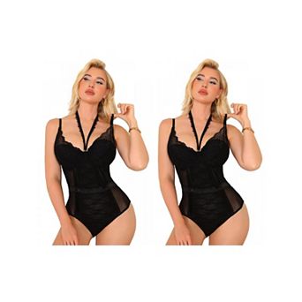 2 Packs Halter Neck Shapewear Bodysuit for Women Plunge Lace Mesh See Through Underwire Bodyshaper