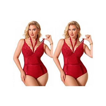 2 Packs Halter Neck Shapewear Bodysuit for Women Plunge Lace Mesh See Through Underwire Bodyshaper