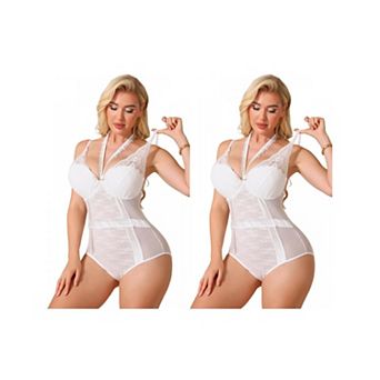 2 Packs Halter Neck Shapewear Bodysuit for Women Plunge Lace Mesh See Through Underwire Bodyshaper