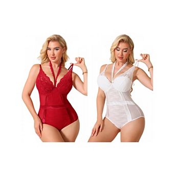 2 Packs Halter Neck Shapewear Bodysuit for Women Plunge Lace Mesh See Through Underwire Bodyshaper
