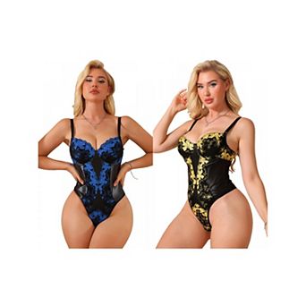 2 Packs Lace Floral Shapewear Bodysuit for Women Embroidered V Neck Underwire Cami Thongs Bodyshaper