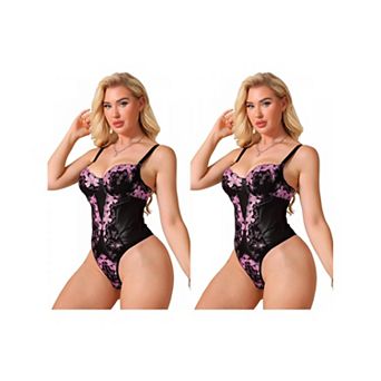 2 Packs Lace Floral Shapewear Bodysuit for Women Embroidered V Neck Underwire Cami Thongs Bodyshaper