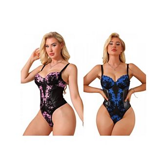 2 Packs Lace Floral Shapewear Bodysuit for Women Embroidered V Neck Underwire Cami Thongs Bodyshaper