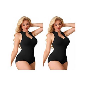 2 Packs Halter Neck Bodysuit for Women Snap Closure Cutout Shapewear Tummy Control Bodyshaper