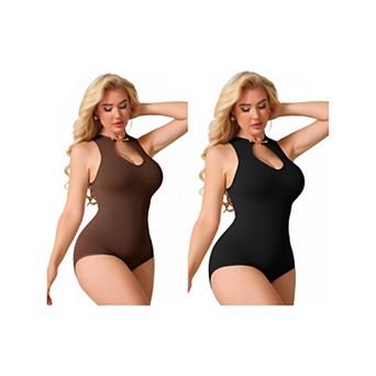 2 Packs Halter Neck Bodysuit for Women Snap Closure Cutout Shapewear Tummy Control Bodyshaper