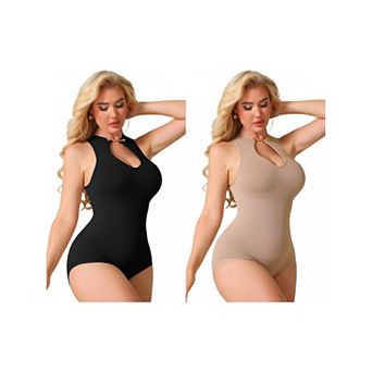 2 Packs Halter Neck Bodysuit for Women Snap Closure Cutout Shapewear Tummy Control Bodyshaper