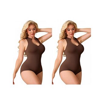 2 Packs Halter Neck Bodysuit for Women Snap Closure Cutout Shapewear Tummy Control Bodyshaper