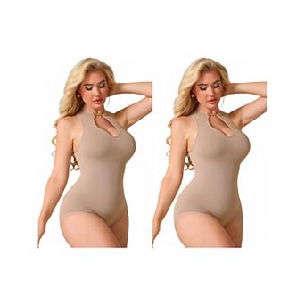 2 Packs Halter Neck Bodysuit for Women Snap Closure Cutout Shapewear Tummy Control Bodyshaper