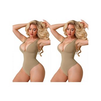 2 Packs Womens Halter V Neck Shapewear Bodysuits Tummy Control Sleeveless Plunge Low Back Bodyshaper