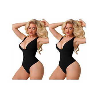 2 Packs Womens Halter V Neck Shapewear Bodysuits Tummy Control Sleeveless Plunge Low Back Bodyshaper