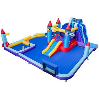 Costway Rocket Theme Inflatable Water Slide Park with 2 Slides Splash Pool without Blower
