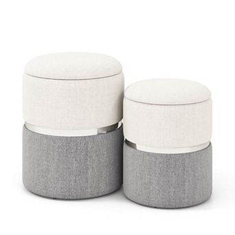 Costway Linen Fabric Storage Ottoman Set of 2 Modern Round Ottoman with Storage for Bedroom