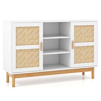 Costway 48" Sideboard Buffet Cabinet with 2 Woven Doors 3 Open Shelves for Kitchen