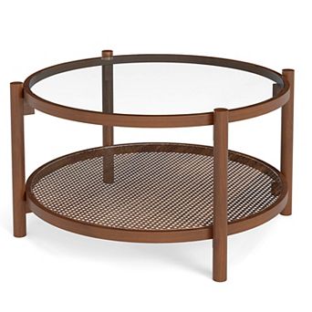 Costway Wooden 31" Round Coffee Table with Tempered Glass Top Handmade Rattan Shelf