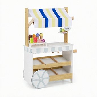 Costway Wooden Ice Cream Cart for Kids 2-in-1 Grocery Store Playset with Display Shelves