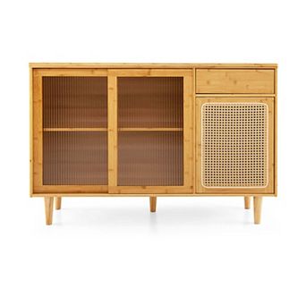 Costway Buffet Sideboard Cabinet Rattan Console Table with Sliding Doors Storage Drawer