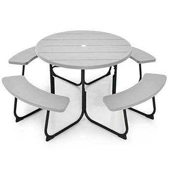 Costway Outdoor 8-person Round Picnic Table Bench Set with 4 Benches & Umbrella Hole