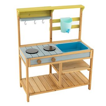 Costway Wooden Play Kitchen Set, Outdoor Kid's Mud Kitchen with Faucet & Water Box