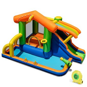 Costway 8-in-1 Multifunctional Water Park w/Slide With Climbing Wall Water Cannon with 480W Blower