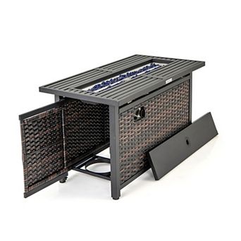 Costway 45" Propane Rattan Firepit Table with Glass Stones & Protective Cover Metal Frame
