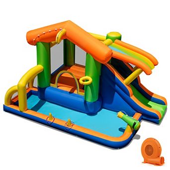 Costway 8-in-1 Multifunctional Water Park w/Slide With Climbing Wall Water Cannon with 520W Blower