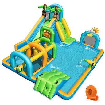 Costway Inflatable Water Park with Climbing Wall Basketball Rim Target Game & 750W Blower