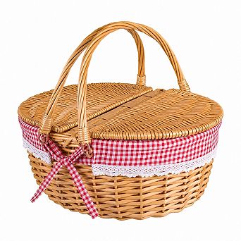 Wicker Picnic Basket With Lid Handle Sturdy Woven Body Washable Liner
