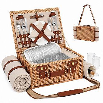 Wicker Picnic Basket Insulated Liner Carry Handle Camping Wedding Gift