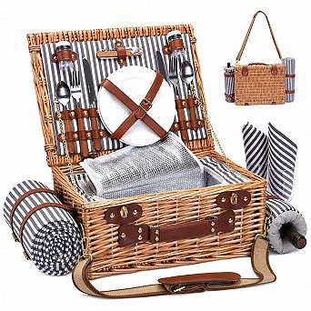 Wicker Picnic Basket Insulated Liner Carry Handle Camping Wedding Gift
